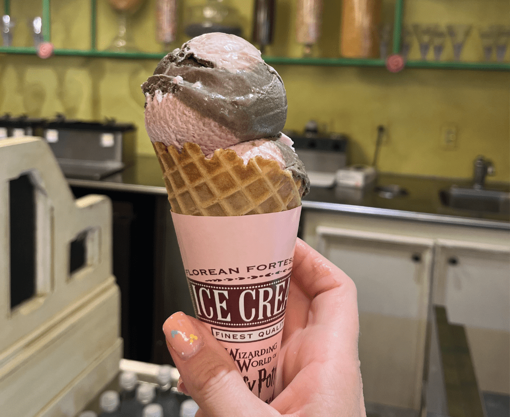 Chocolate and raspberry ice cream from Florean Fortescue in Diagon Alley Universal Studios
